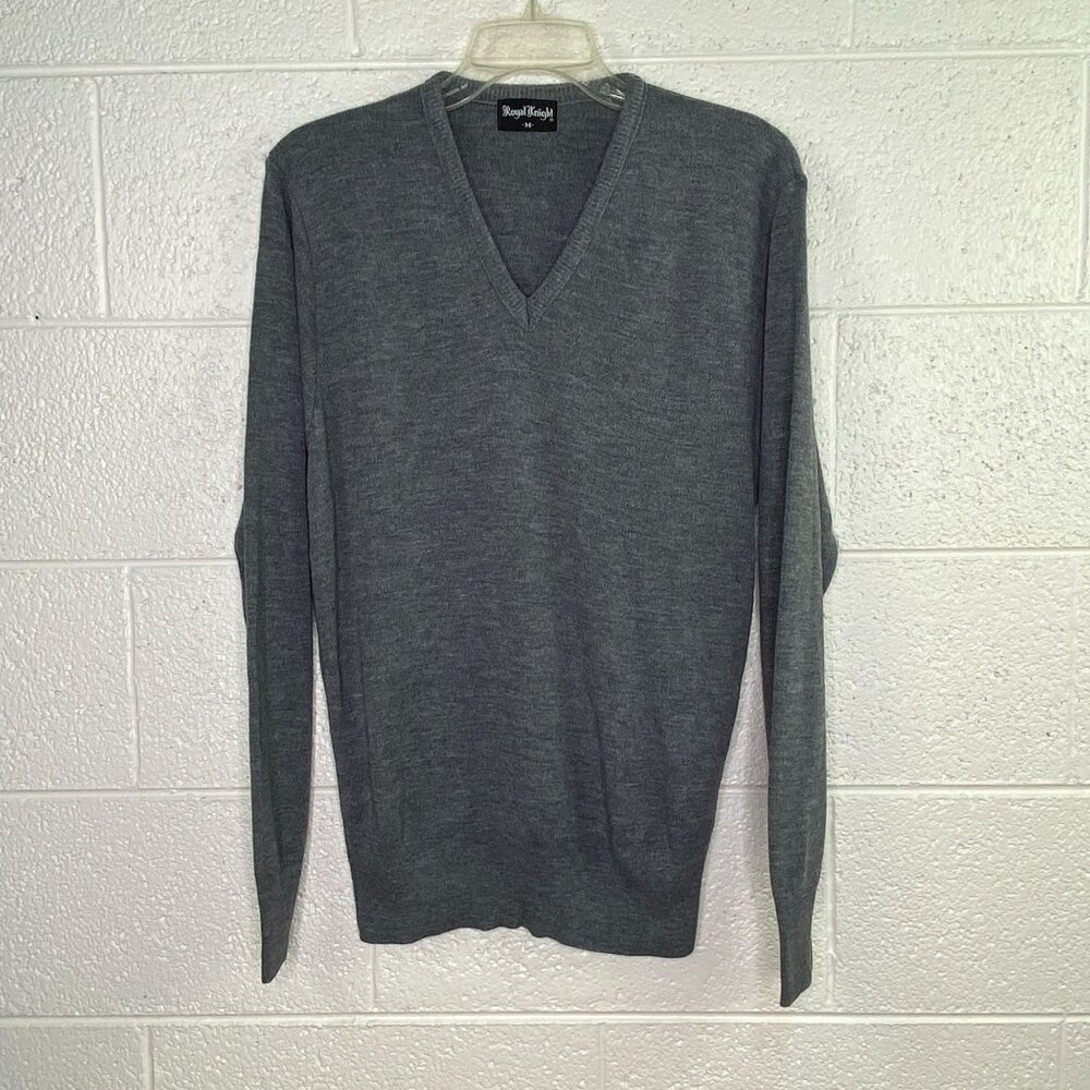 Vintage Royal Knight V Neck Men M Long Sleeve Pullover Sweater Gray